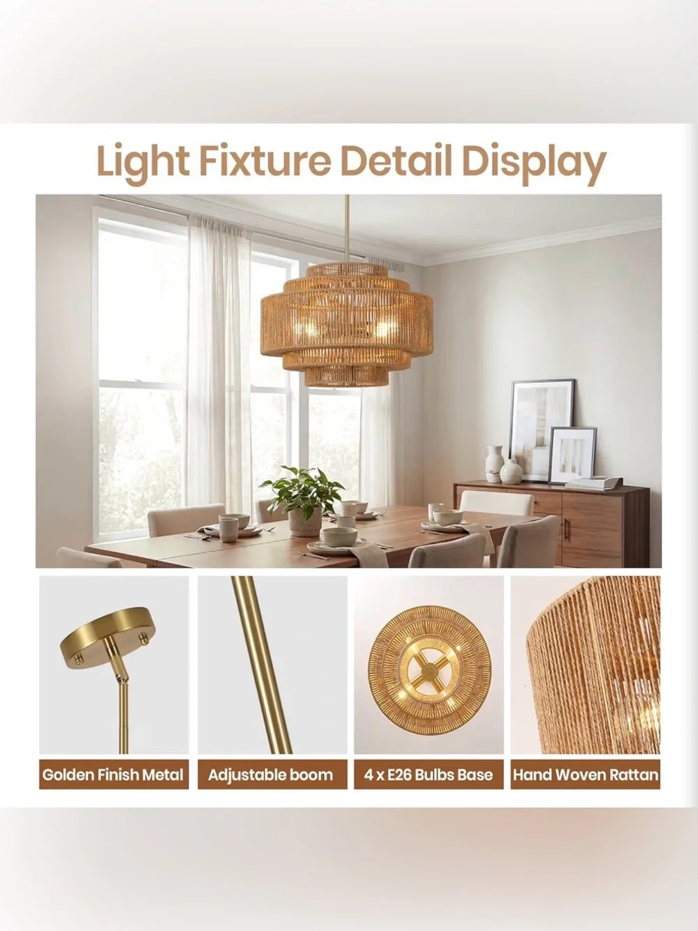 Rattan Chandelier, 4-Light Hand-Woven Light Fixture